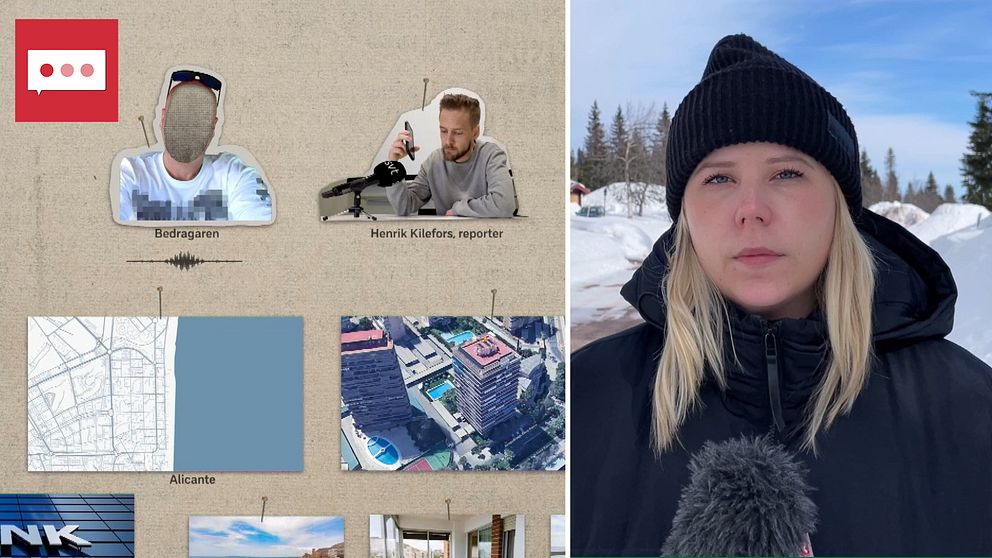 Tvådelad bild på ett kollage över SVT:s granskning av bluffuthyrare och reporter Sofie Lind