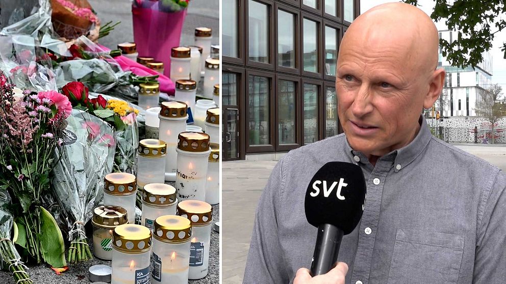 Delad bild. Till vänster: blommor och ljus på marken. Till höger: person intervjuas av SVT.