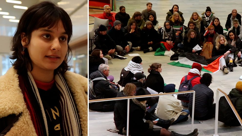 Kvinna med mörkt hår och en jacka. Personer som sitter med palestina-flaggor.