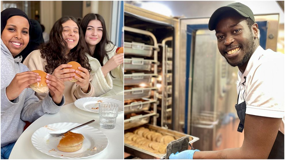 Tvådelad bild. Vänster: människor äter hamburgare. Höger: kock i skolkök placerar kött i ugn.