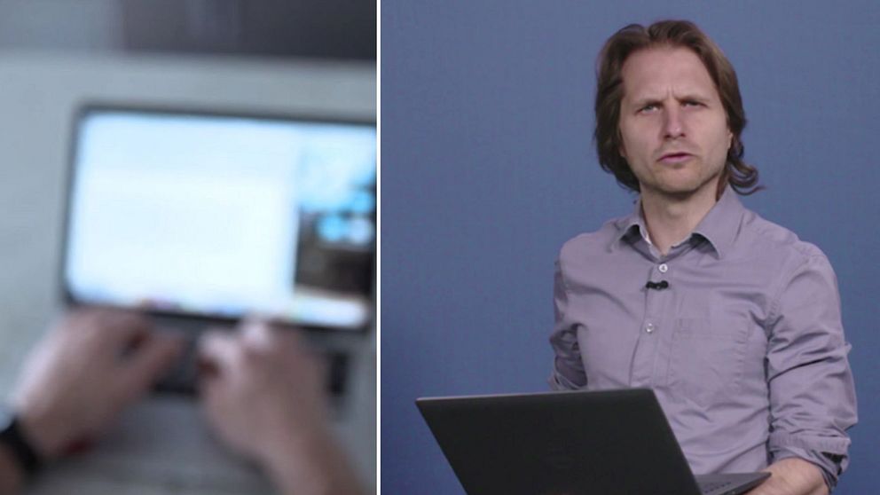 En dator i närbild och SVT:s reporter