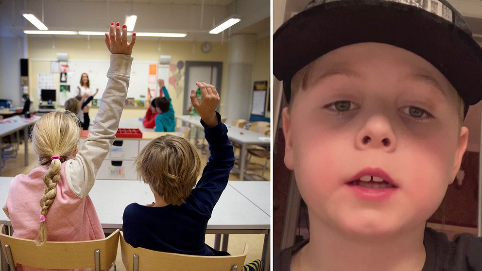 Tvådelad bild, anonyma elever som räcker upp handen i klassrum och ung pojke med keps.