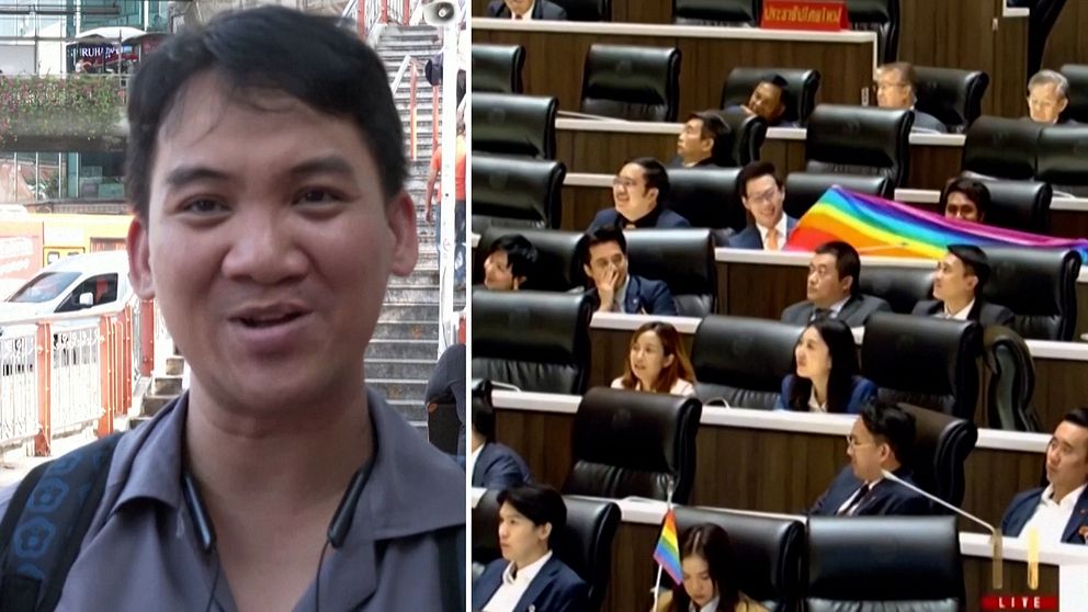 Bild på thailändare som ger kommentar på parlamentets omröstning. På bilden till höger syns parlamentsledamöter som håller i en prideflagga.