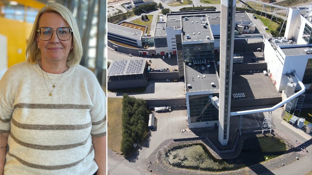 Delad bild. Till vänster: kvinna i randig tröja. Till höger: flygfoto över industribyggnad.