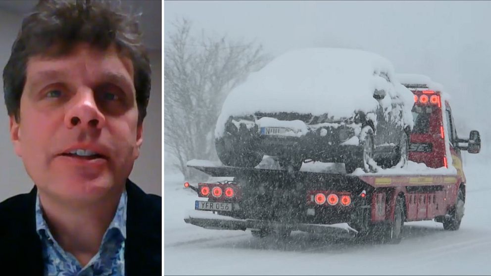 Erik Kjellström professor klimatologi SMHI till vänster. På bilden till höger syns en bil som blir bärgad i kraftigt snöoväder.