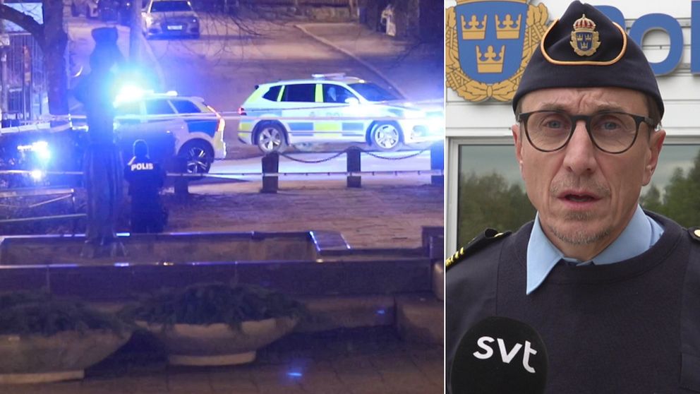 Till vänster: Bild på polisbilar på en gata, kvällstid. Till höger: Olle Andersson, chef för utredningssektionen i Västerbotten, iklädd polisuniform fotograferad utomhus.