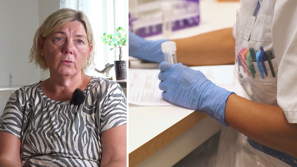 Till vänster Susanne Svensson, verksamhetschef på medicinkliniken på Hallands sjukhus. Till höger vårdpersonal som håller i ett provrör.