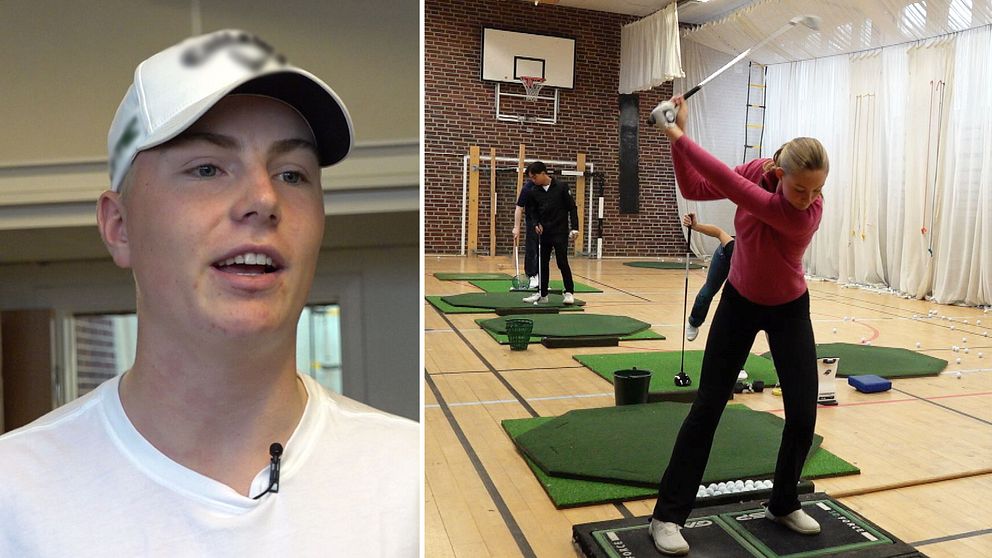 Tvådelad bild. Till vänster: person med keps. Till höger: golfträning inomhus.