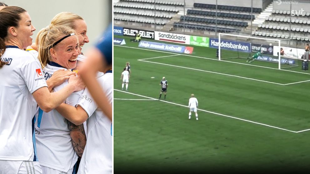 Delad bild. Vänster: fotbollsspelare firar mål. Höger: en spelare ska slå en straff på plan.