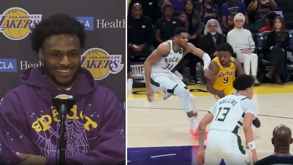 Delad bild. Vänster: Lakers tröja på presskonferens. Höger: Basketmatch mellan Lakers och Bucks.