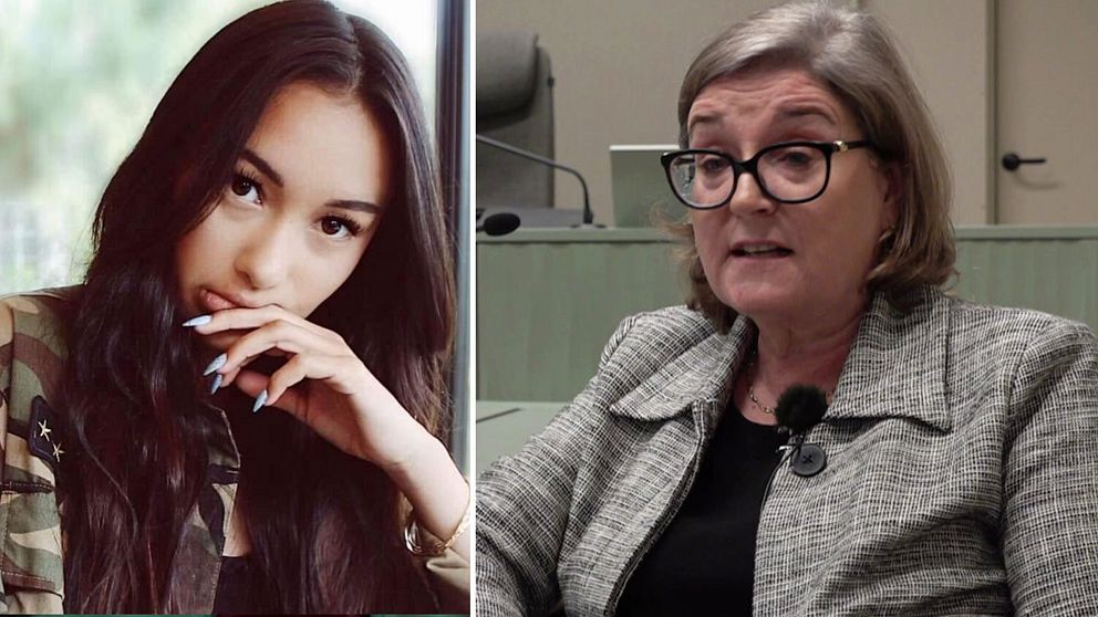 En delad bild som visar två personer. Till vänster är en bild på gravida Saga med långt, mörkt hår som lutar sig mot sin hand. Till höger sitter hovrättslagmannen Carina Tolke med kortare hår i en formell miljö, klädd i en grå kavaj.