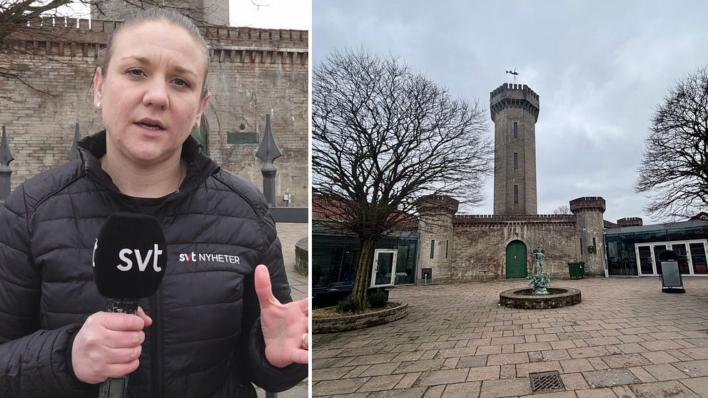 Tvådelad bild. Vänster: Reporter i SVT-jacka. Höger: Vattenborgen med stort torn omgiven av träd.