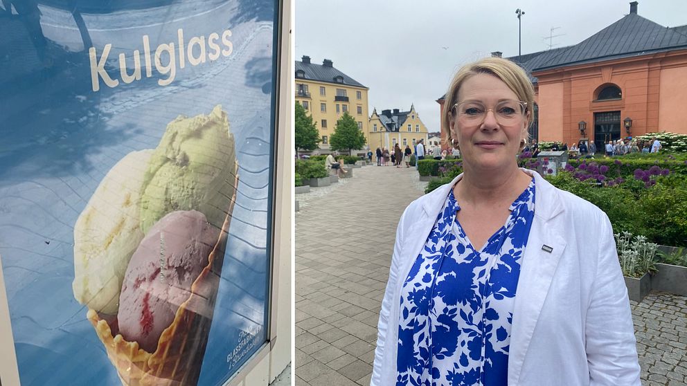 Bild på reklamskylt för kulglass och porträtt på kvinna i en park i Norrköping