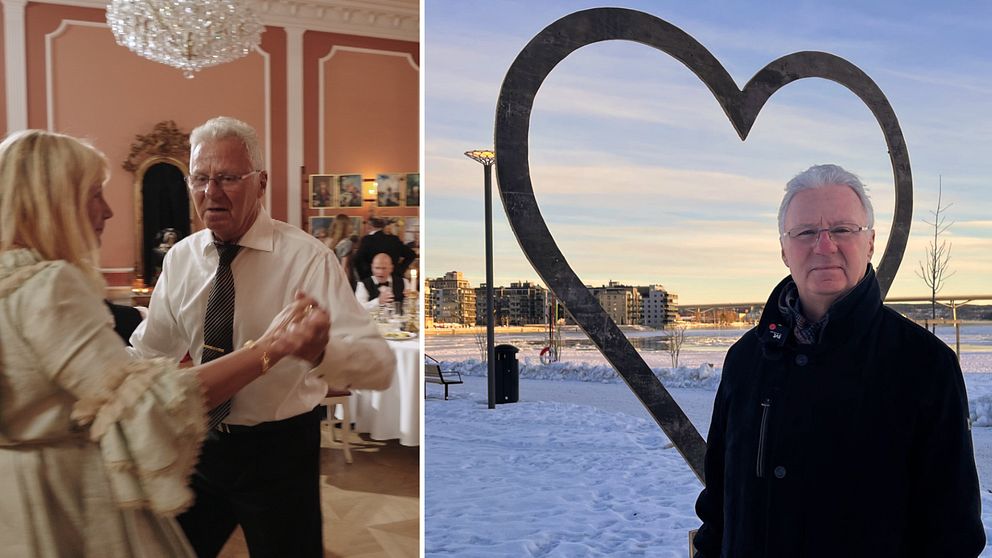 Bild till höger: En man och en kvinna dansar med varandra under inspelningen av Hotell Romantik. Bild till vänster: En man som står utomhus med ett hjärta i bakgrunden.