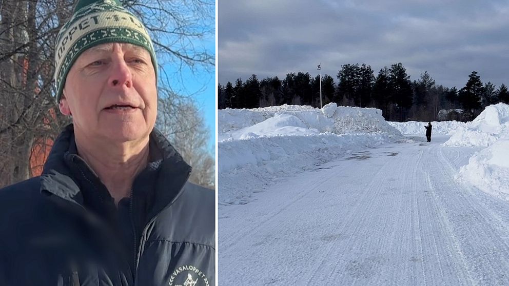 Delad bild – till vänster står Tommy Höglund på Vasaloppet i en grön stickad mössa och blå jacka. Till höger står en person vid en stor snöhög.