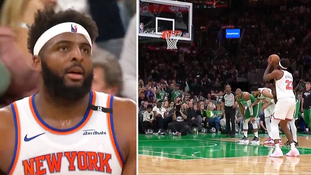 Delad bild. Till vänster: spelare i New York Knicks-tröja. Till höger: straffkast i basketmatch.