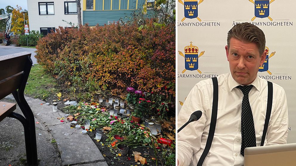 mordplatsen täckt med blommor och ljus och åklagare Patrick Sonevang. Splitbild