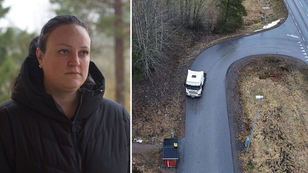 Till vänster syns en person i en svart jacka, fotograferad utomhus i en skogsmiljö. Till höger visas en flygbild av en kurvig landsväg, där en vit bil körs genom en skogsdunge.