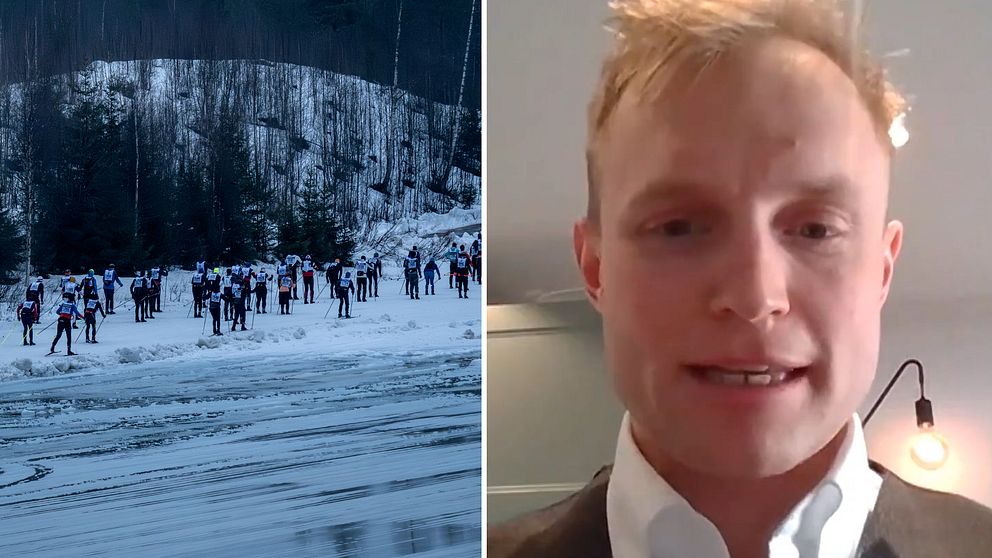 Tvådelad bild. Vänster: Skidåkare på snötäckt bergssida.