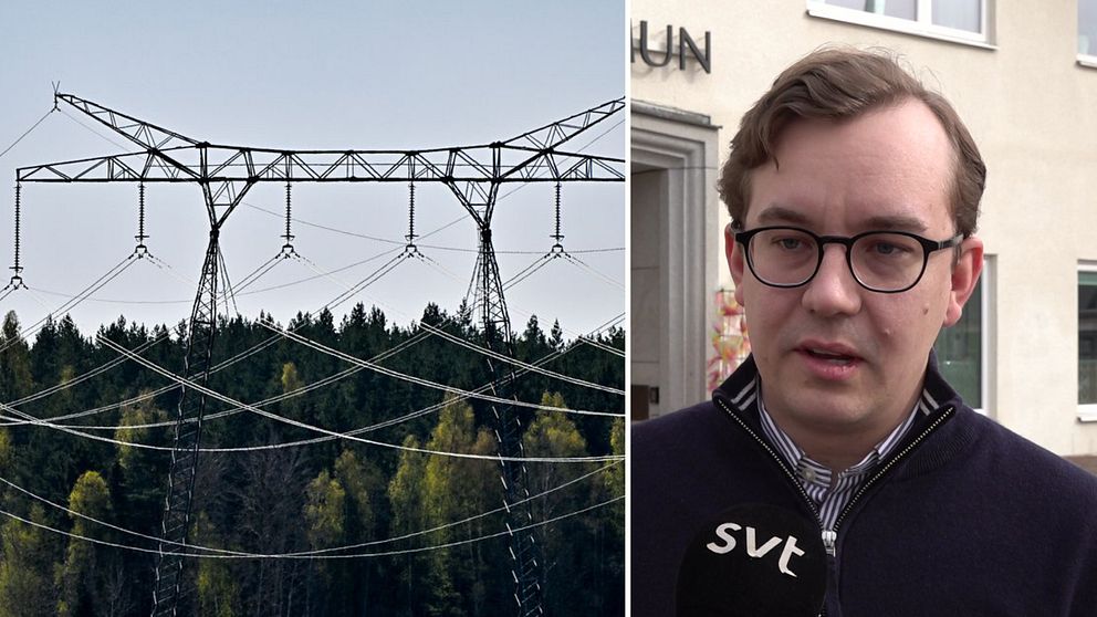 En delad bild med en kraftledning över skog till vänster och en man i en intervjusituation till höger