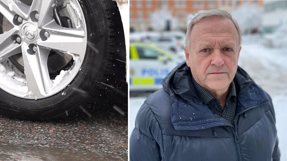 Bilden är delad i två sektioner. Den vänstra delen visar en närbild av en bilhjul med snö på däcket. Den högra delen visar en person iklädd en mörk jacka som står utomhus i snöigt väder, med en polisbil i bakgrunden.