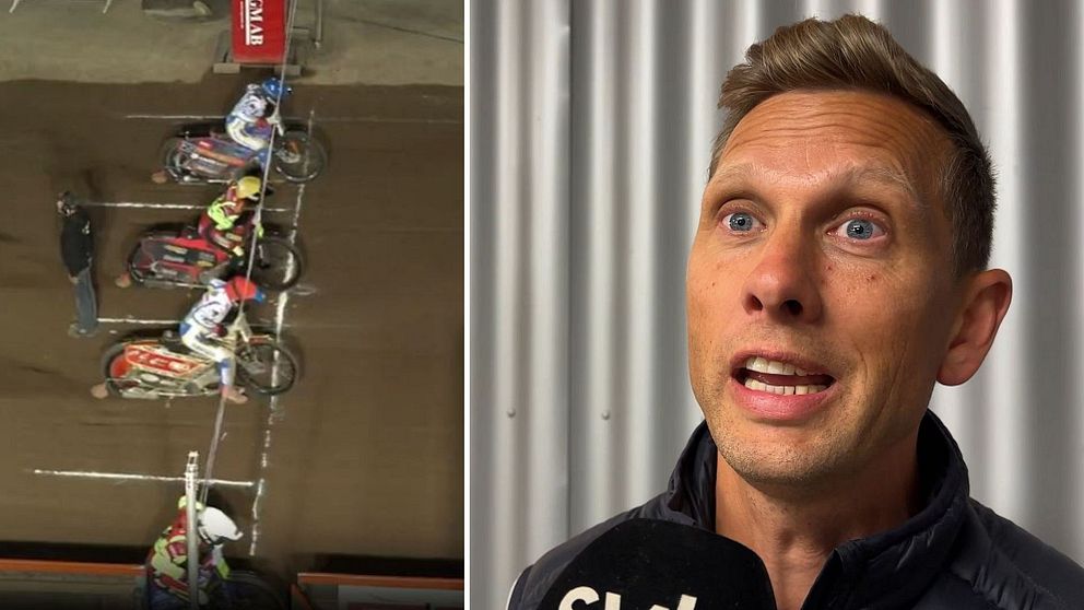 En delad bild som visar två sektioner. Den vänstra sektionen visar en speedwaytävling med förare på motorcyklar i startpositionen vid ett grusjusterat spår. Den högra sektionen visar en person som håller en mikrofon och pratar, med en otydlig bakgrund. Speedway