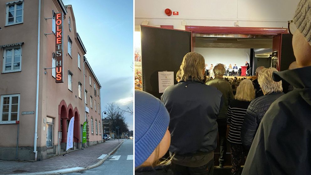 En bild på och i folkets hus i Lindesberg som var fullsatt under mötet.