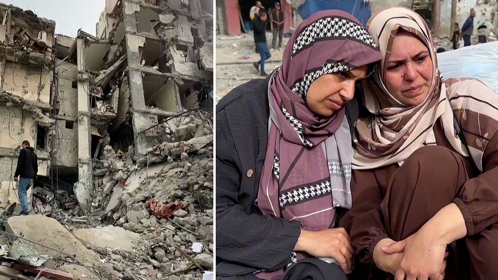 Förstörelse i Gaza. Två kvinnor tröstar varandra efter att deras bostäder förstörts.