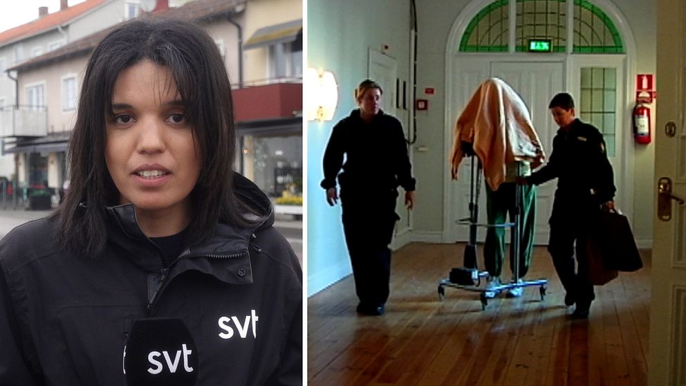 Tvådelad bild. Vänster: en SVT-reporter. Höger: Två poliser eskorterar en person.