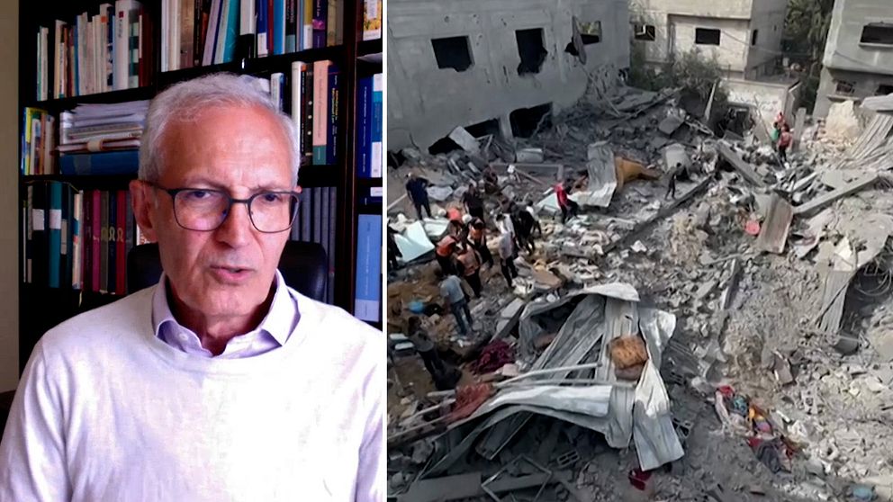 Till vänster en man med glasögon i halvkropp och till höger en ruin i Gaza.