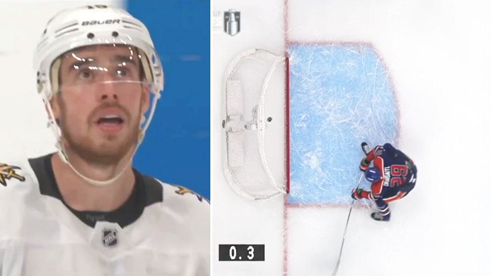Delad bild. Vänster: hockeyspelare i vit tröja. Höger: målvakt försvarar mål från ovan.
