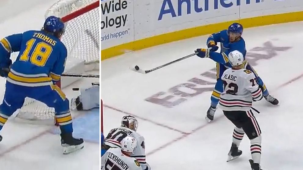 Tvådelad bild. Vänster: Hockeyspelare nära målet. Höger: Spelare skjuter pucken mot mål.