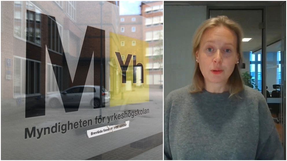 Bild på utsidans av Myndigheten för högskolors logga på utsidan av ett fönster. Bild på myndighetens kommunikations chef en blond kvinna i grå tröja.