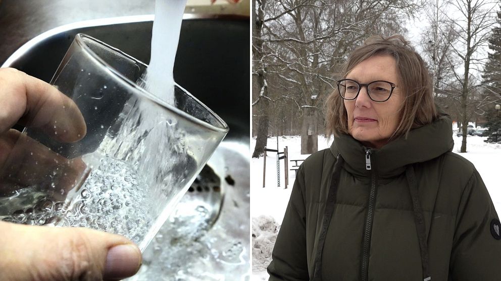 Ett glas med dricksvatten syhns till vänster. Till höger står va-chef Susanne Bjergegaard-Pettersson.