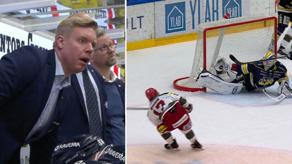 Tvådelad bild. Vänster: man lutar sig mot sarg. Höger: hockeyspelare skjuter mot målvakt.