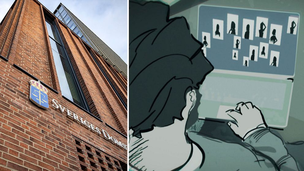 Malmö Tingsrätt och tecknad bild på man som tittar på laptopskärm med bilder på barn