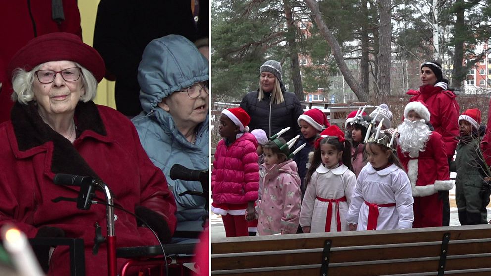 En delad bild som visar två scener. Den vänstra sidan visar en äldre person klädd i röd rock och hatt, som sitter i en rullstol och lyssnar. Den högra sidan visar en grupp barn och vuxna, varav några klär ut sig i tomtedräkter, samlade utomhus, troligtvis i samband med en julaktivitet.