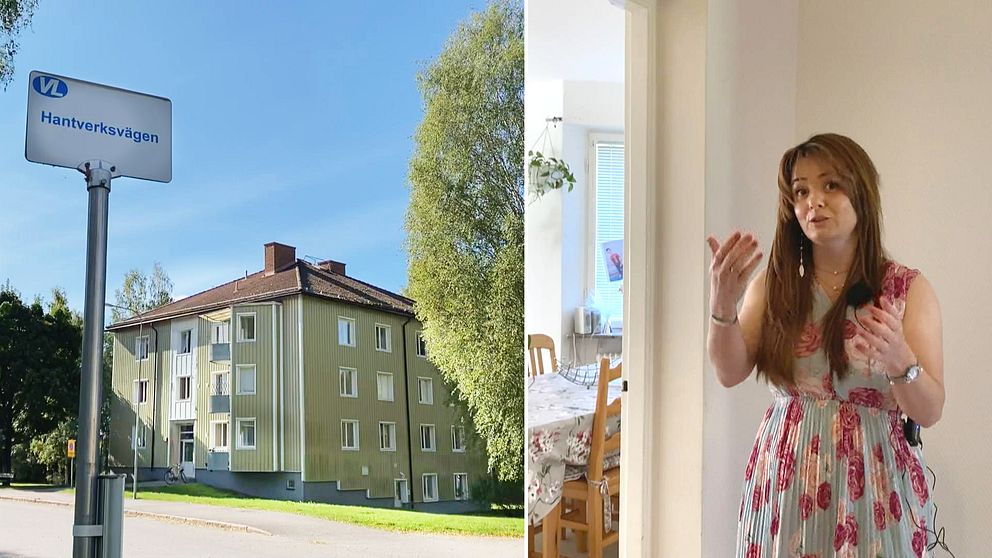 Tvådelad bild. Vänster: Hyreshus med vägskylt. Höger: Person i klänning gestikulerar.