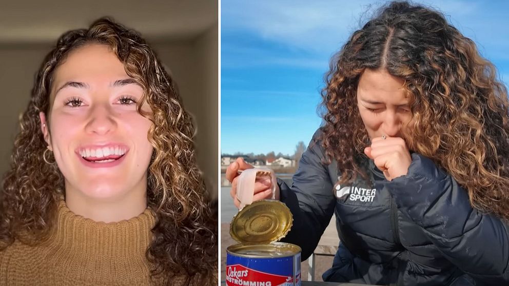 Delad bild. Till vänster: Chloe Minas med lockigt hår inomhus. Till höger: samma person öppnar en surströmmingsburk utomhus.