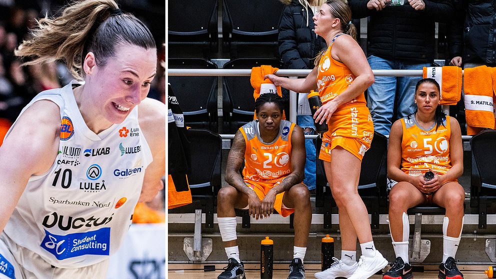En delad bild som visar två scener från en basketballmatch. Den vänstra sektionen visar en spelare i en vit tröja med nummer 10, som är i rörelse på planen. Den högra sektionen visar två spelare, en i en orange tröja med nummer 20 och en annan i en orange tröja med nummer 50, som sitter på bänken. En av dem verkar ge vägledning eller uppmuntran. I bakgrunden syns lagets färger och supportersaker.
