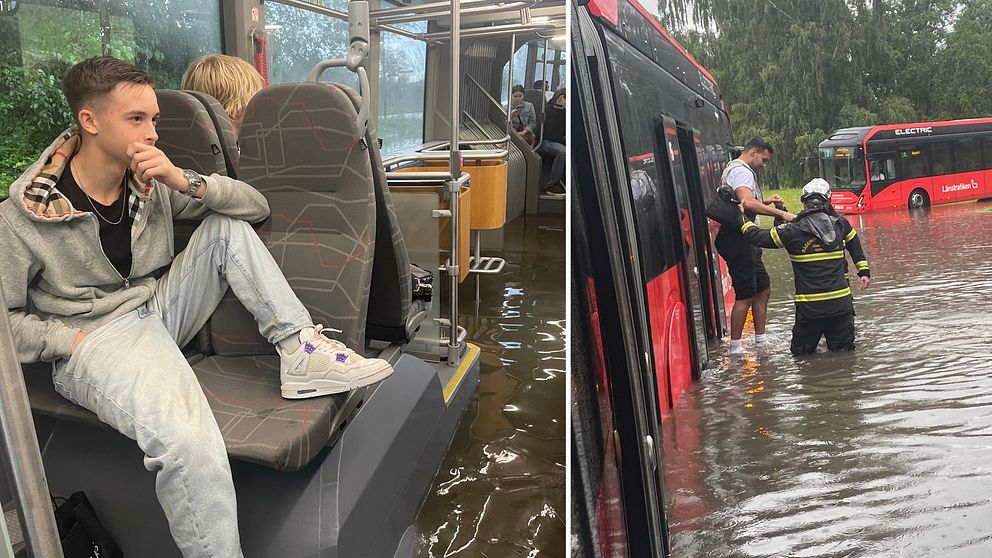 Översvämning och bussresenärer som evakueras av räddningstjänst.