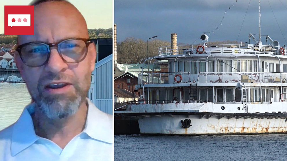 En delad bild med två sektioner: den vänstra sektionen visar en person i en ljus skjorta med en suddig ansiktsdel, medan den högra sektionen visar en gammal passagerarbåt i hamn med flera perspektiv av dess däck och fönster.