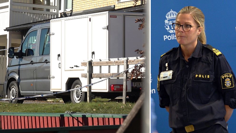 Bilden är en delad bild. Den vänstra visar en grå transporter parkerad vid en fastighet, omgiven av gräs och avspärrningar. Den högra visar en person iförd en polisuniform och en namnskylt, stående framför en bakgrund med polismärken.