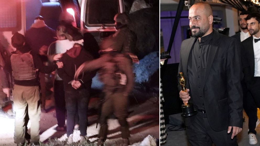Tvådelad bild. Vänster: poliser griper en person. Höger: man i kostym med pris och följe.