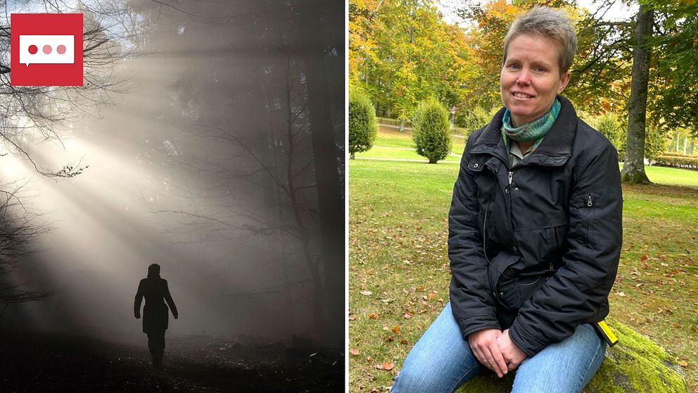 En delad bild med två sektioner: till vänster syns en silhouett av en person som går genom en dimmig skog med strålar av ljus som sipprar genom träden. Till höger sitter en person på en grön gräsyta omgiven av träd och buskar, iförd en svart jacka och en halsduk.