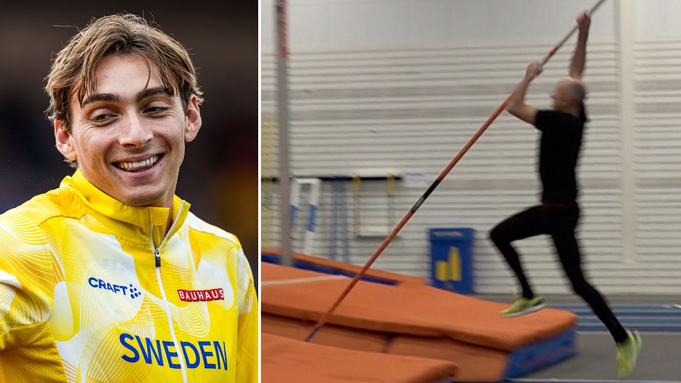 Armand Duplantis och Ingemar Stenmark som tränar stavhopp.