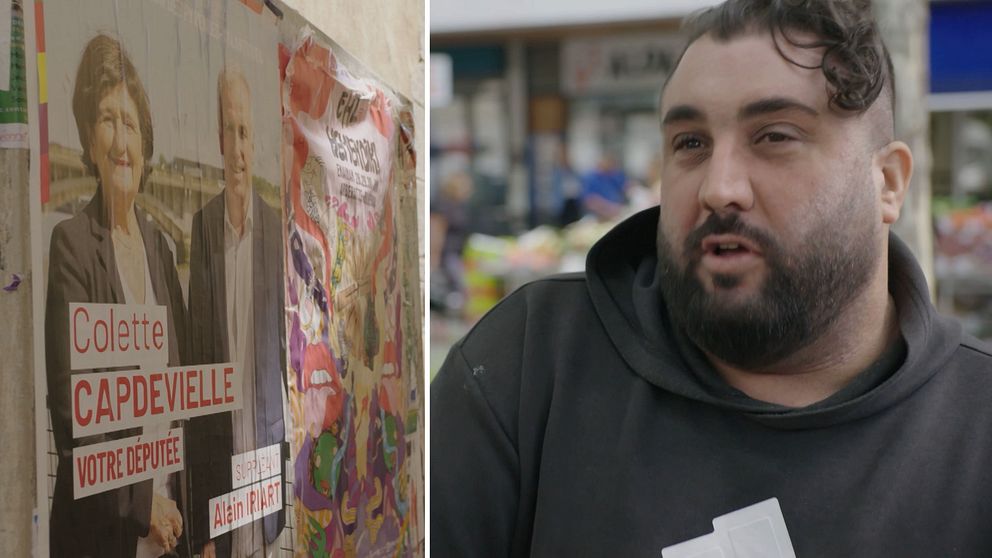 Till vänster, en valaffisch på vänsterns kandidat i den franska regionen Bayonne. Till höger, en medborgare som stödjer högerpartiet Nationell samling