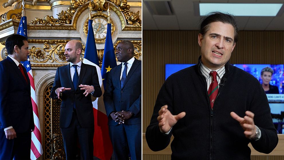 Tvådelad bild. Till vänster: diplomater i diskussion. Till höger: person gestikulerar i ett kontor.