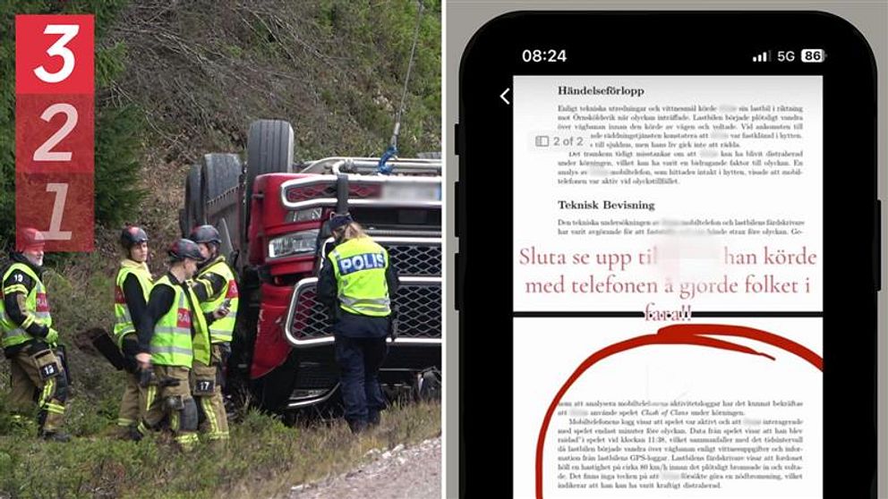 Till vänster syns en lastbil som ligger på taket och räddningstjänsten och polisen står runt den. Till höger syns en mobilskärm med ett dokumentet som ska vara från en polisutredning.