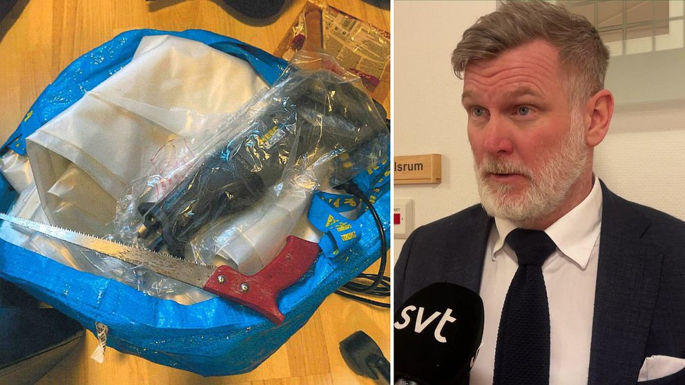 Bilder från polisens förundersökning till vänster, bland annat två sågar och presenning. Till höger en advokat.
